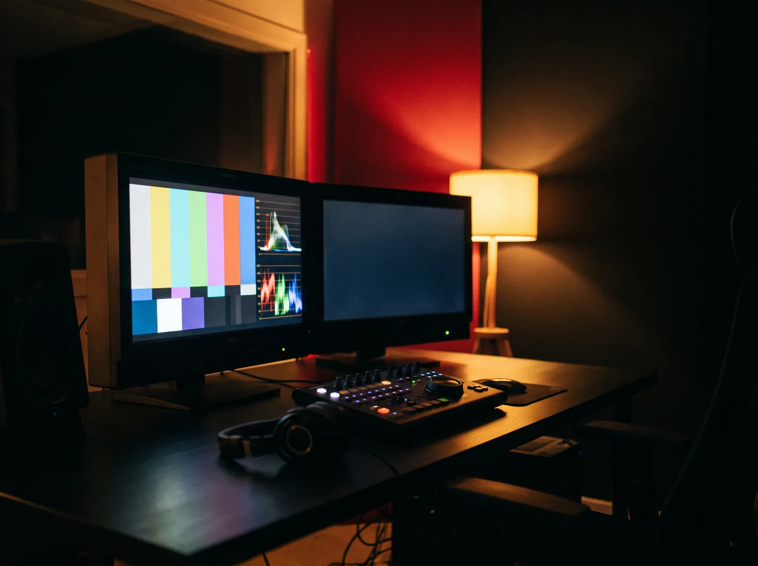 Calibrated monitors and a control surface in the Loungest edit suite at night.